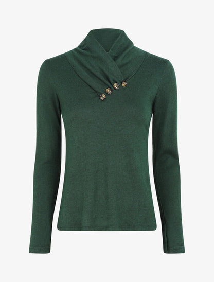 Pull fin à col montant et boutons décoratifs - Vert sapin - 1