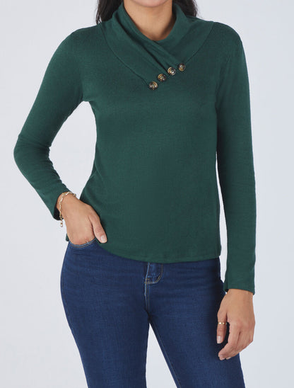 Pull fin à col montant et boutons décoratifs - Vert sapin - 4