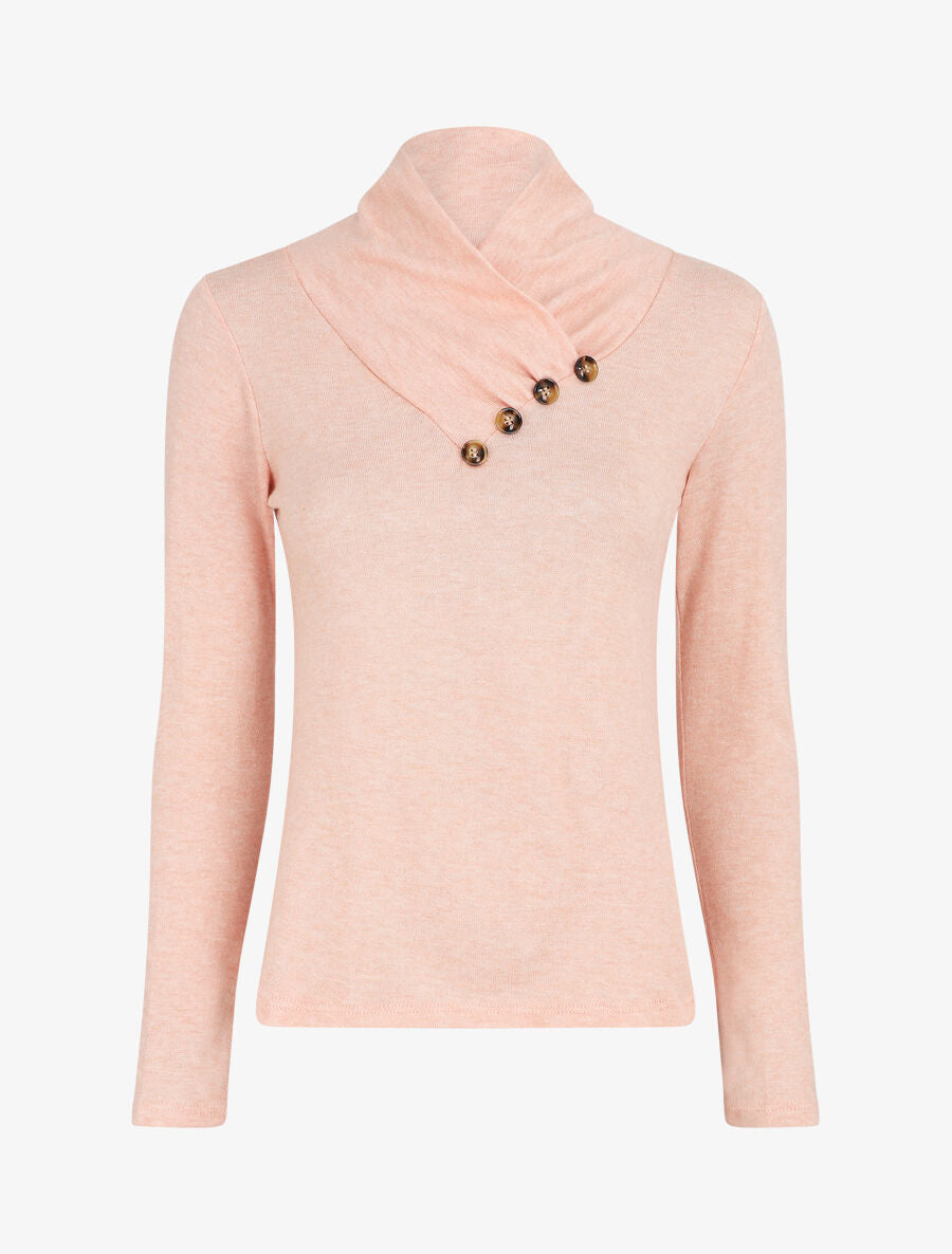 Pull fin à col montant et boutons décoratifs - Rose saumon - 5