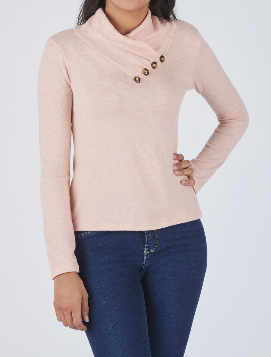 Pull fin à col montant et boutons décoratifs - Rose saumon - 4