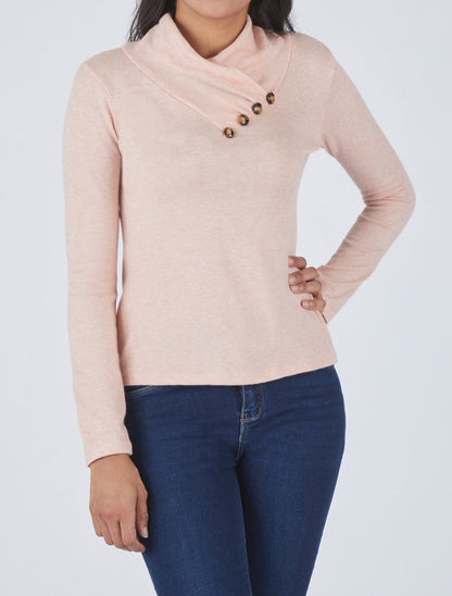 Pull fin à col montant et boutons décoratifs - Rose saumon - 4
