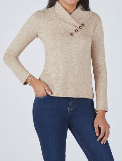 Pull fin à col montant et boutons décoratifs - Beige - 4