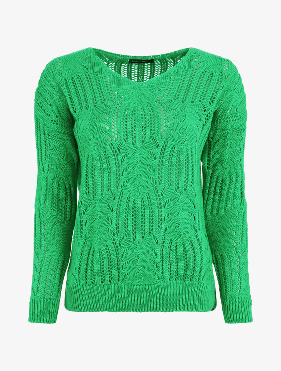 Pull uni à col V ajouré - Vert - 1