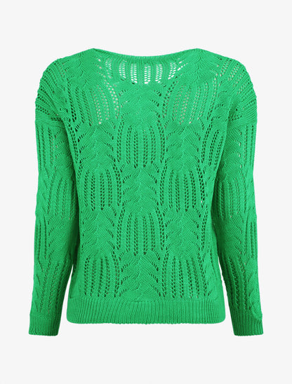 Pull uni à col V ajouré - Vert - 2