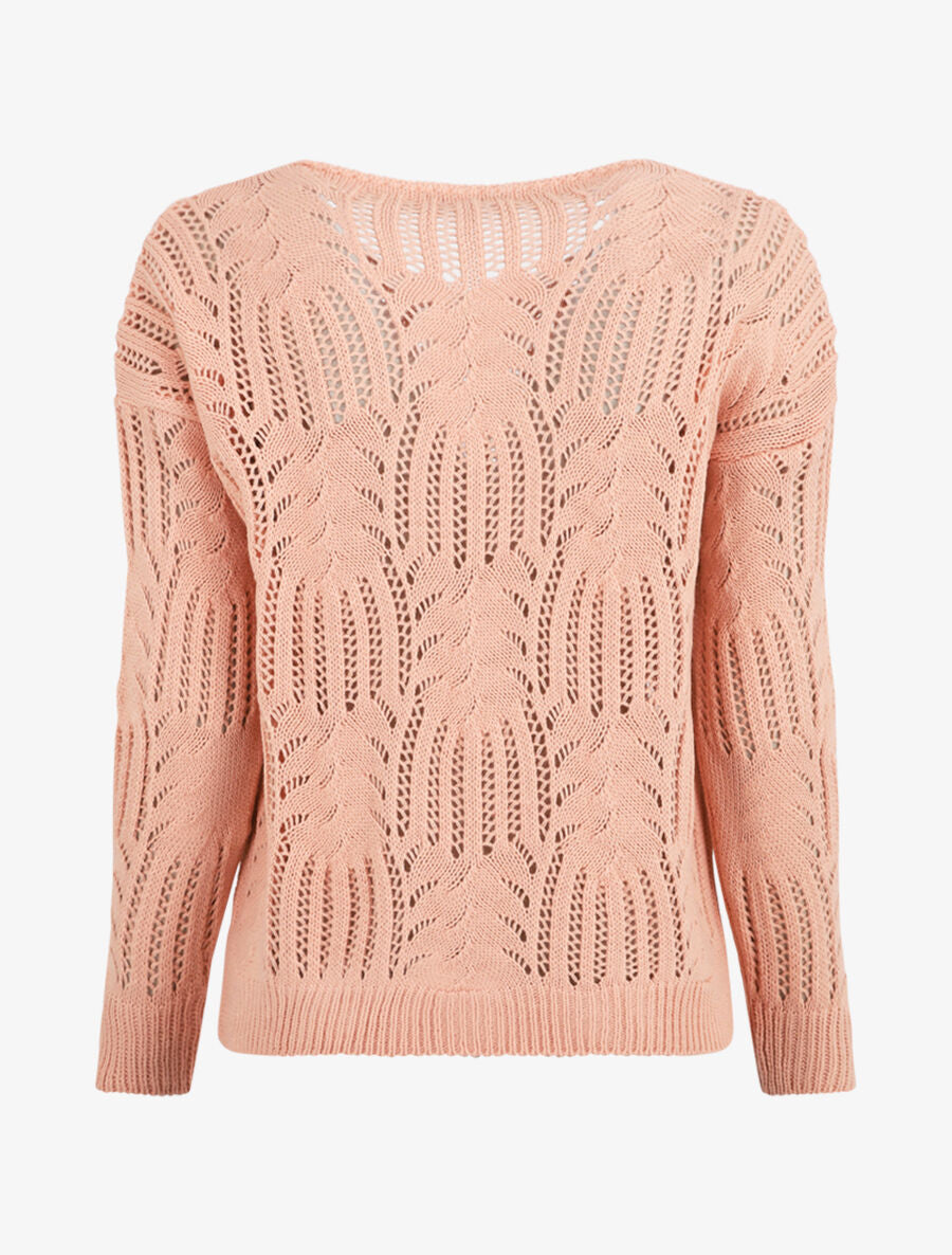 Pull uni à col V ajouré - Rose - 2