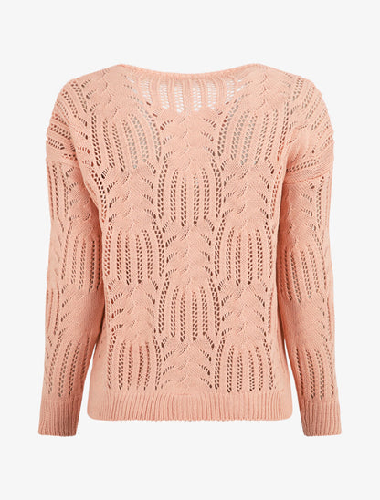 Pull uni à col V ajouré - Rose - 2