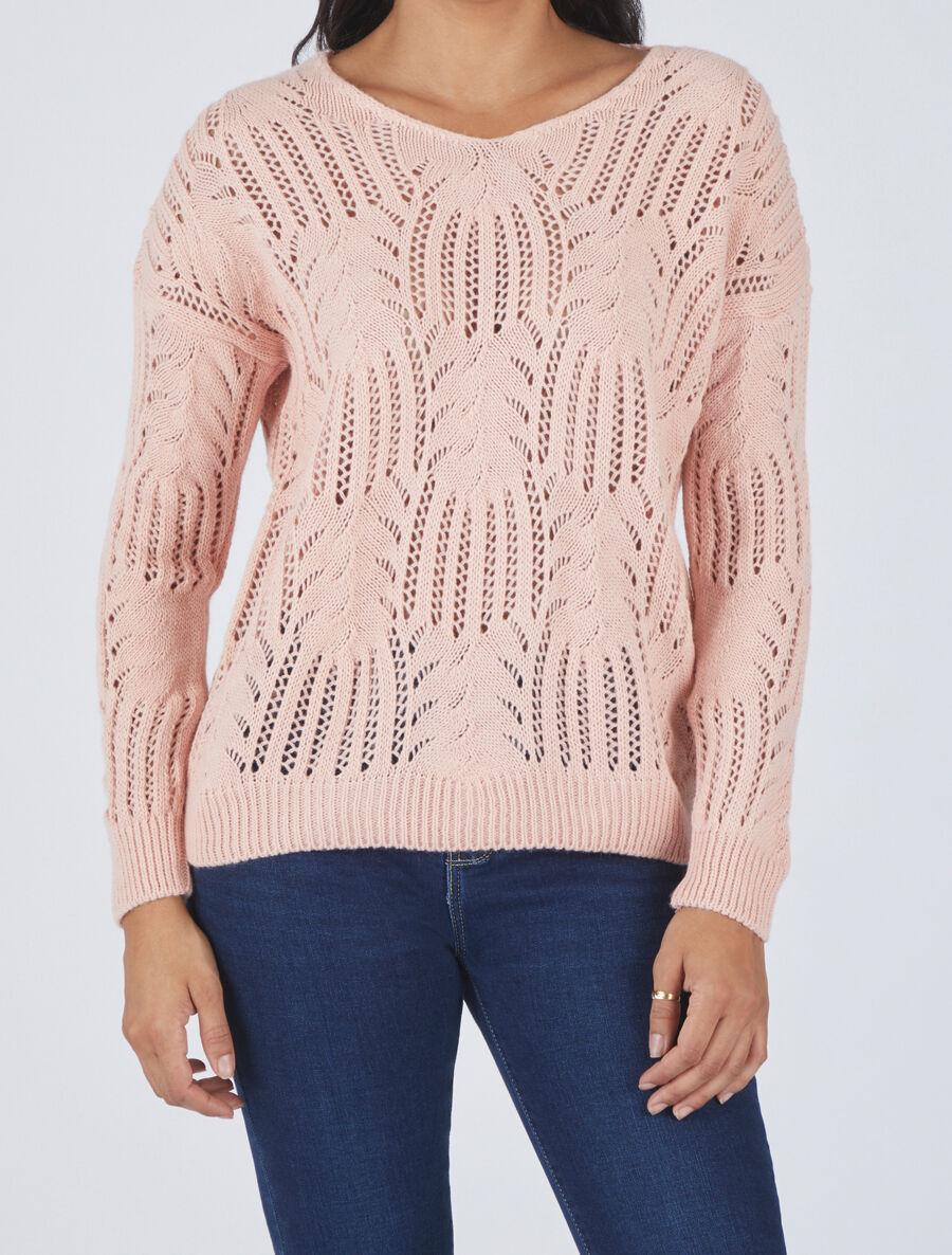 Pull uni à col V ajouré - Rose - 4