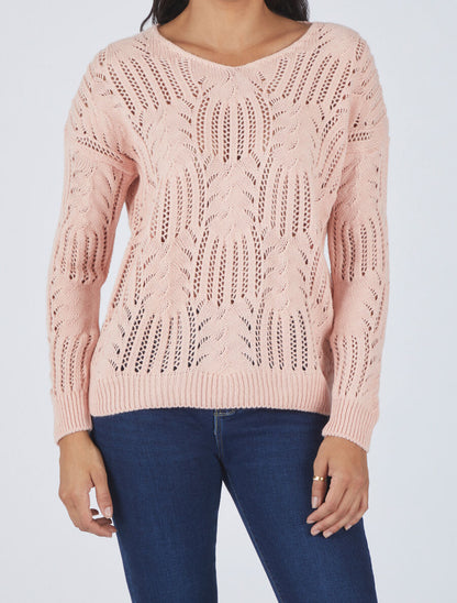 Pull uni à col V ajouré - Rose - 4