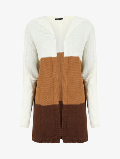Gilet mi-long rayé à capuche - Camel/gris - 4