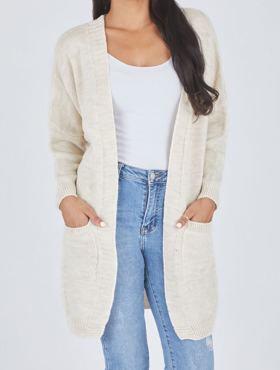 Gilet long ouvert à manches chauve-souris - Beige - 4
