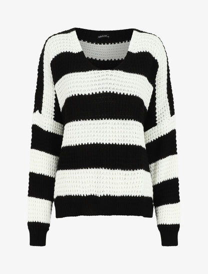 Pull rayé ample - Noir - 1