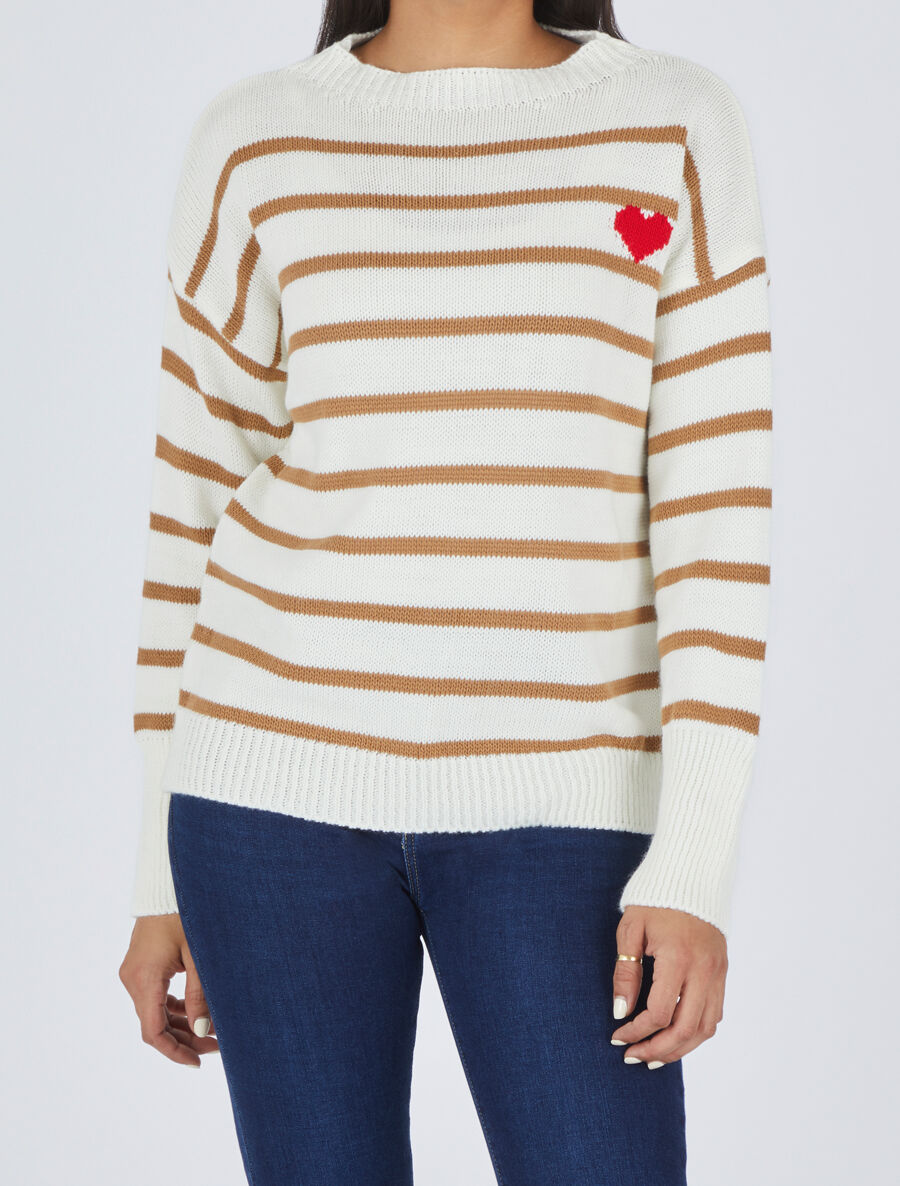 Pull rayé à coeur - Camel - 4