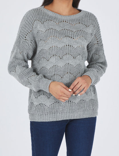 Pull droit uni en maille ajourée - Gris - 4