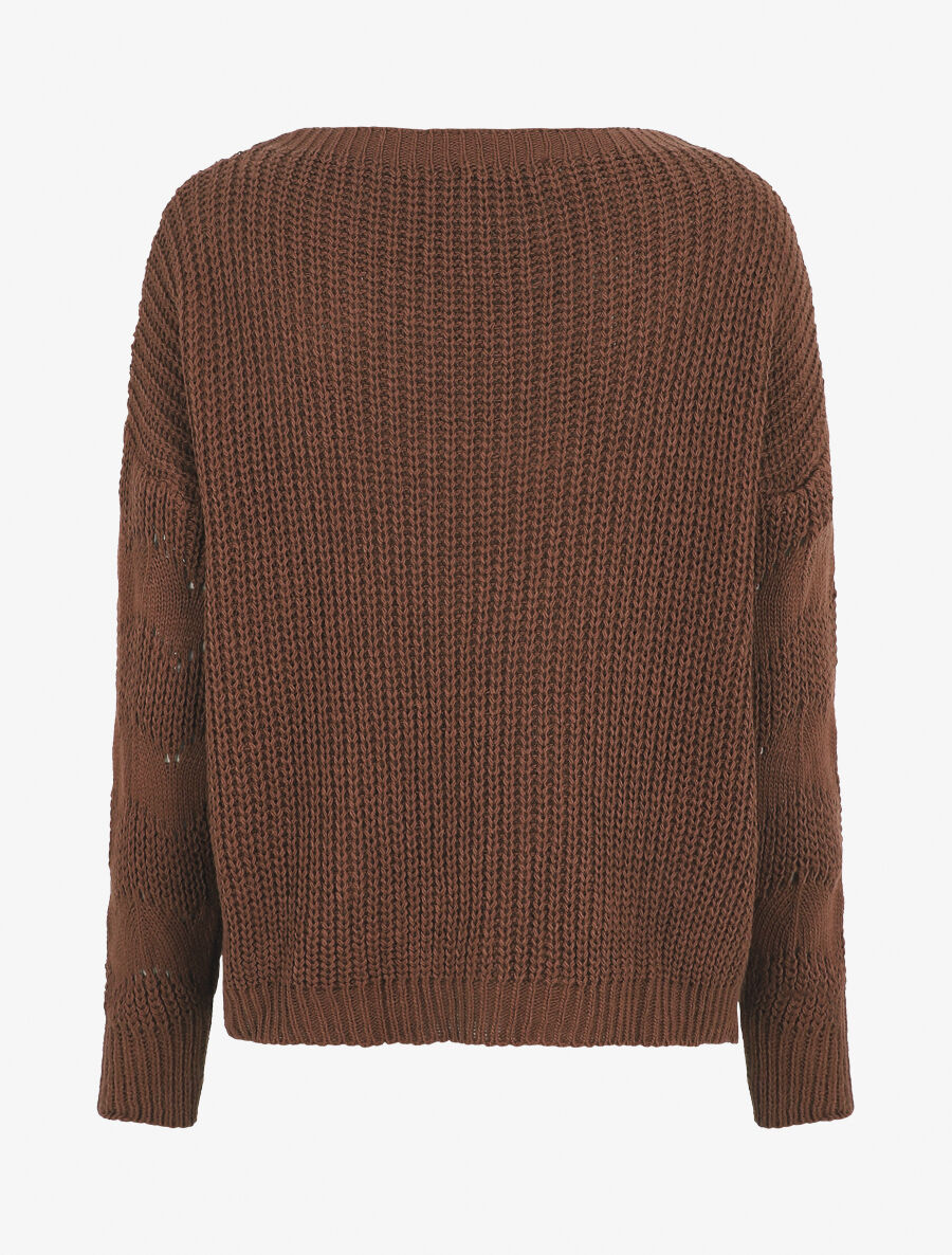 Pull droit uni en maille ajourée - Marron - 2
