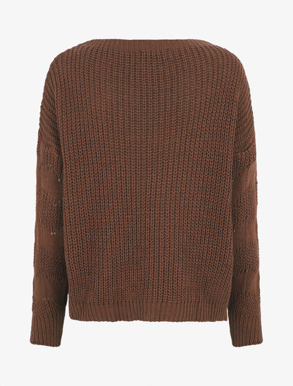 Pull droit uni en maille ajourée - Marron - 2