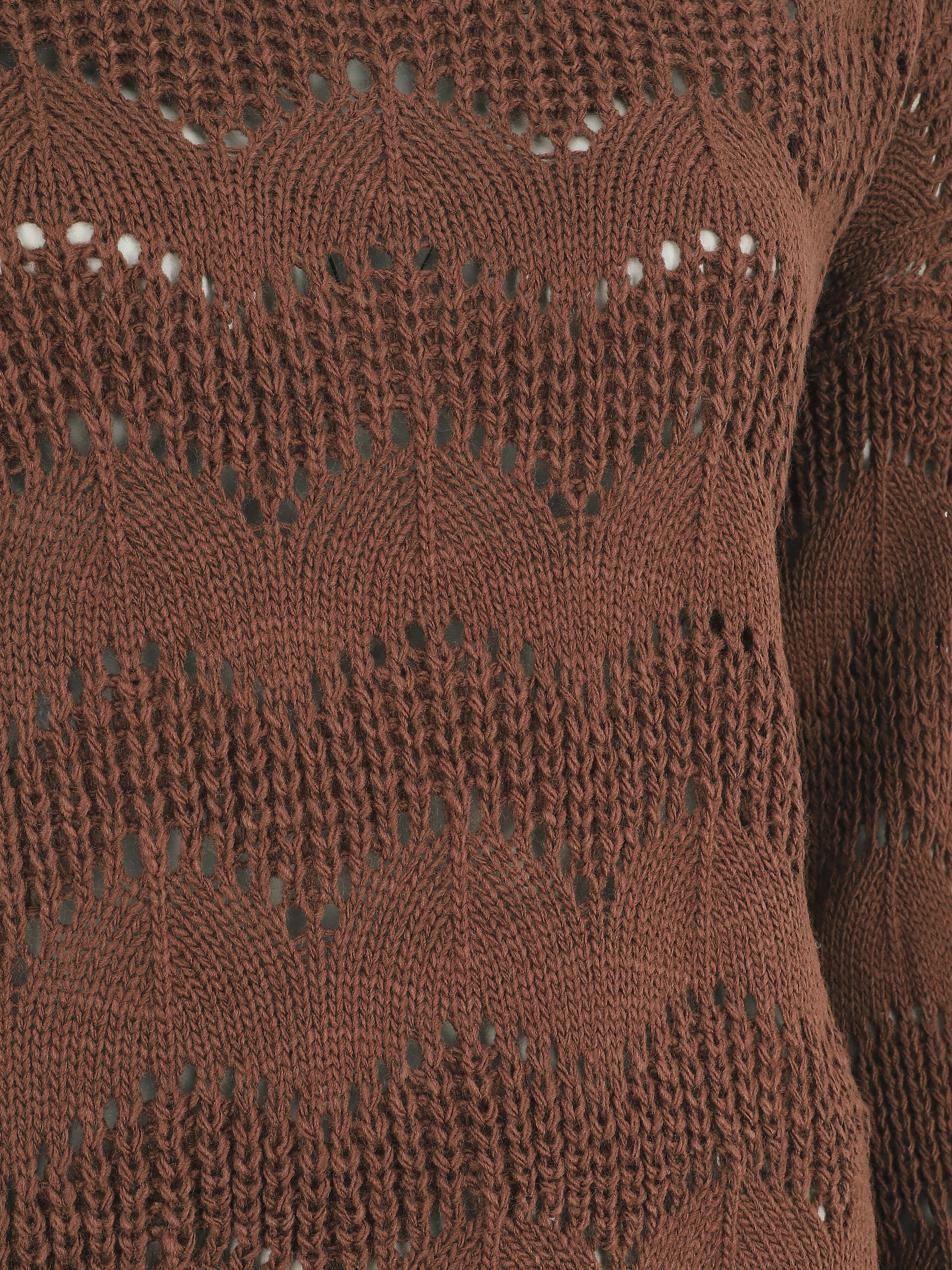 Pull droit uni en maille ajourée - Marron - 3