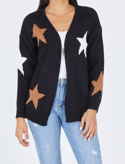 Gilet mi-long ouvert à imprimé étoiles - Noir - 4