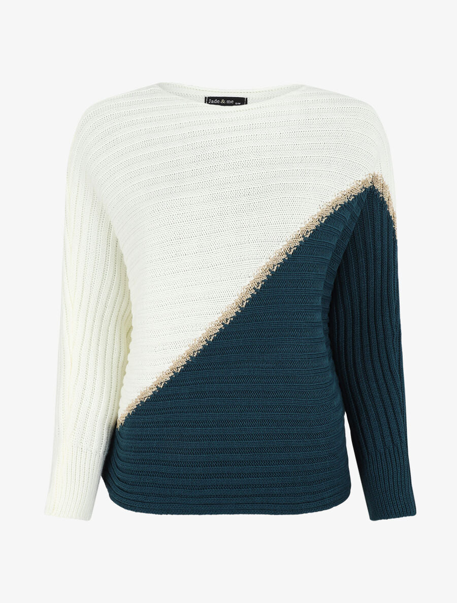 Pull bicolore à liseré doré - Bleu canard - 1