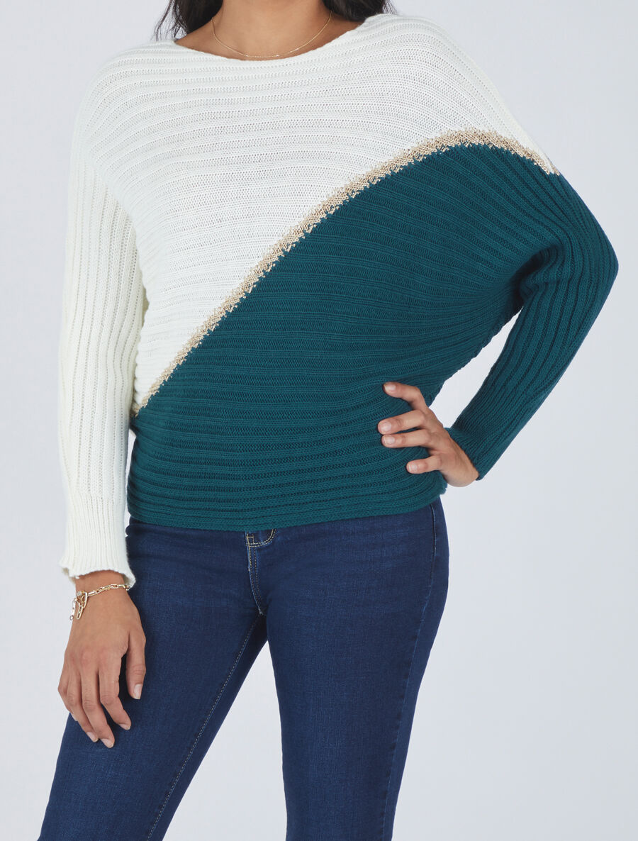 Pull bicolore à liseré doré - Bleu canard - 4