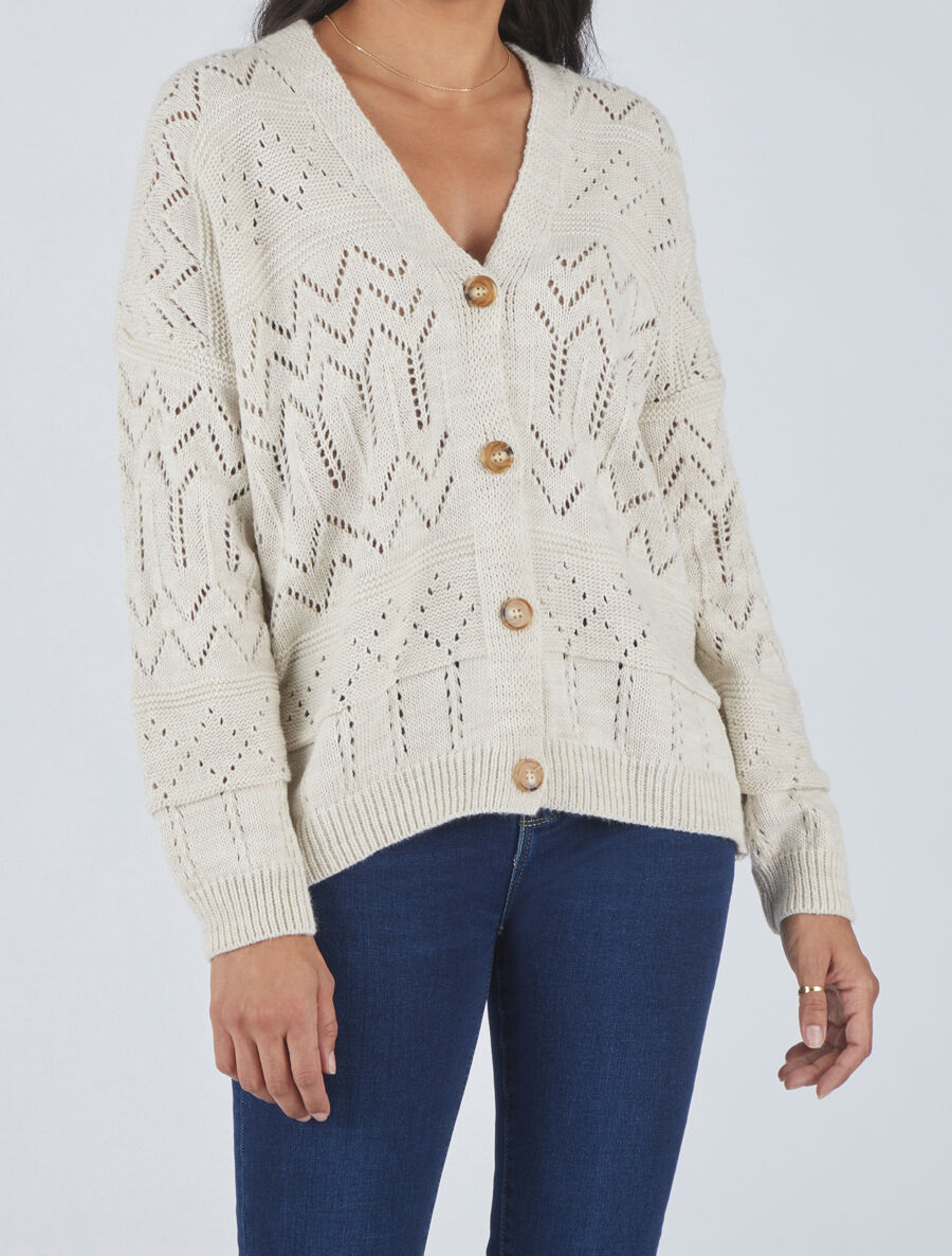 Cardigan grosse maille ajourée et bords côtelés - Beige - 4