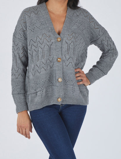 Cardigan grosse maille ajourée et bords côtelés - Gris - 4