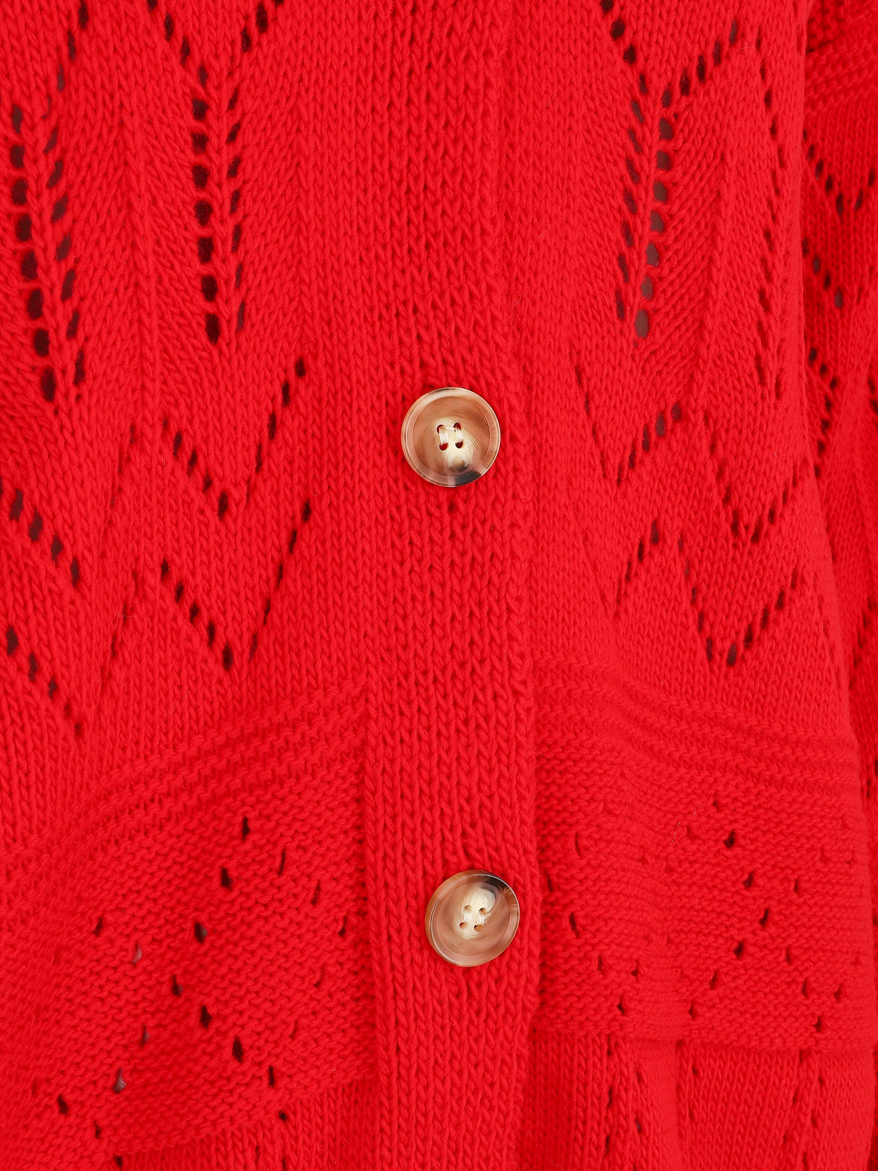 Cardigan grosse maille ajourée et bords côtelés - Rouge - 3