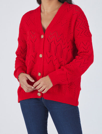 Cardigan grosse maille ajourée et bords côtelés - Rouge - 4