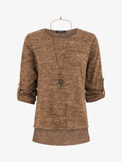 Pull à base asymétrique et manches retroussables - Camel - 1