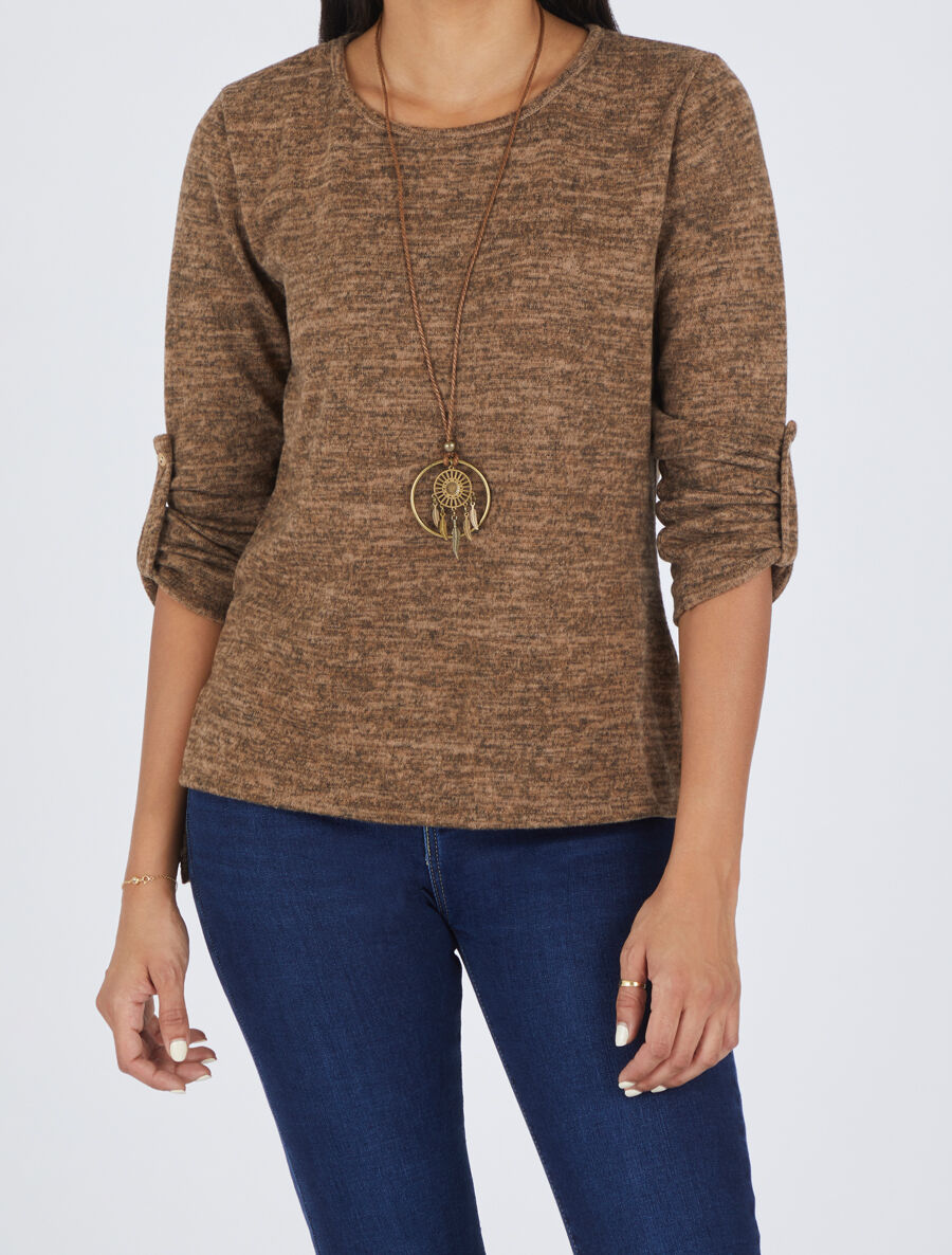 Pull à base asymétrique et manches retroussables - Camel - 4