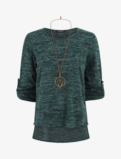 Pull à base asymétrique et manches retroussables - Vert sapin - 1