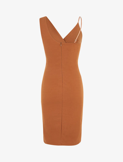 Robe ajustée portefeuille à bretelles asymétriques - Camel - 3