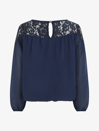 Blouse en voile coupe boule et dentelle - Marine - 2