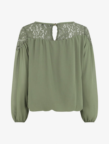 Blouse en voile coupe boule et dentelle - Kaki - 2