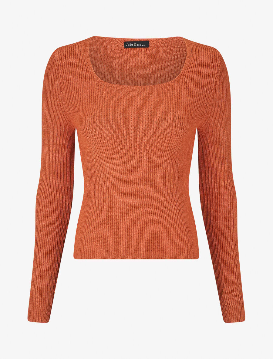 Pull côtelé uni col carré - Orange - 5