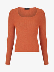 Pull côtelé uni col carré - Orange - 5