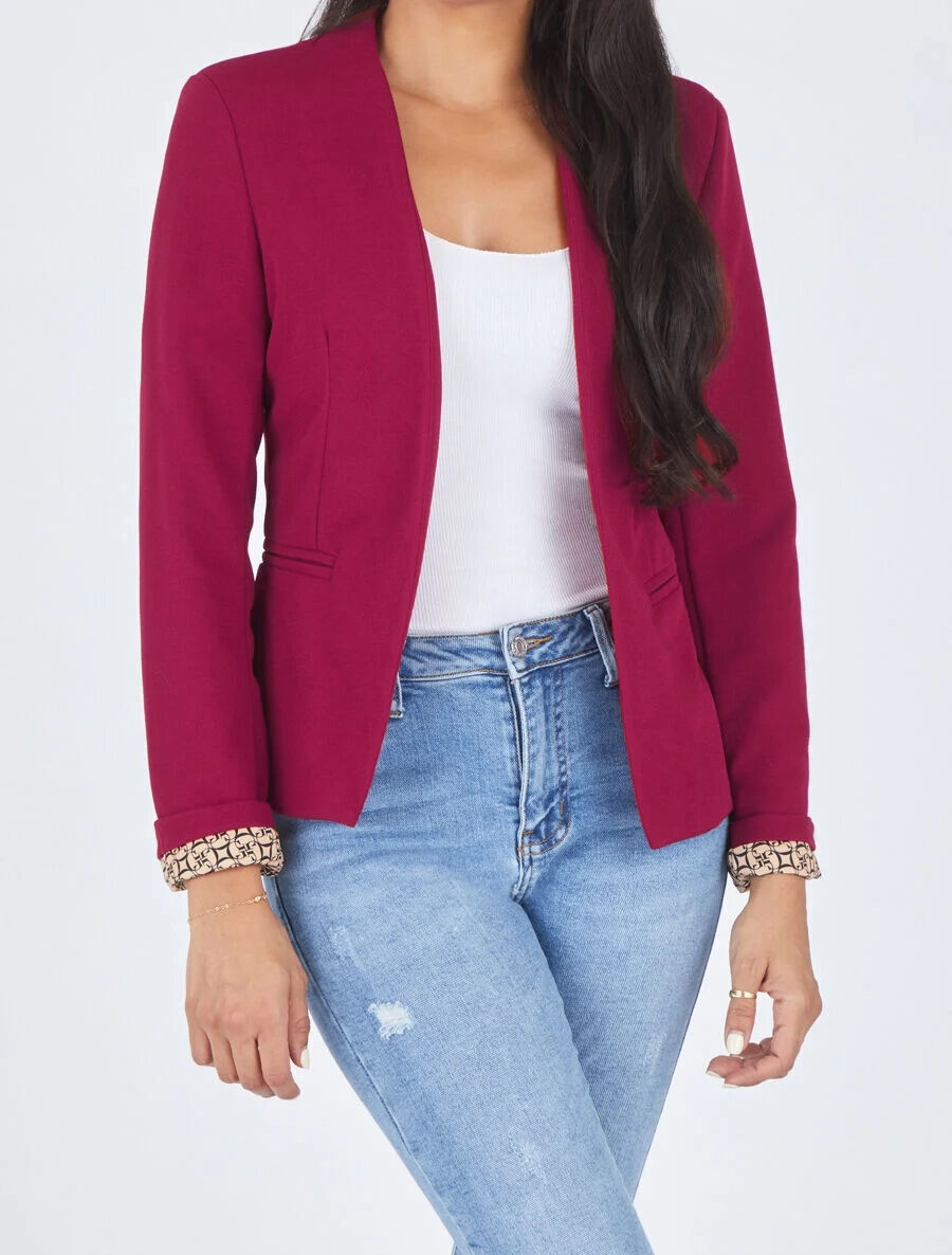 Blazer uni à revers imprimé graphique - Rouge - 4