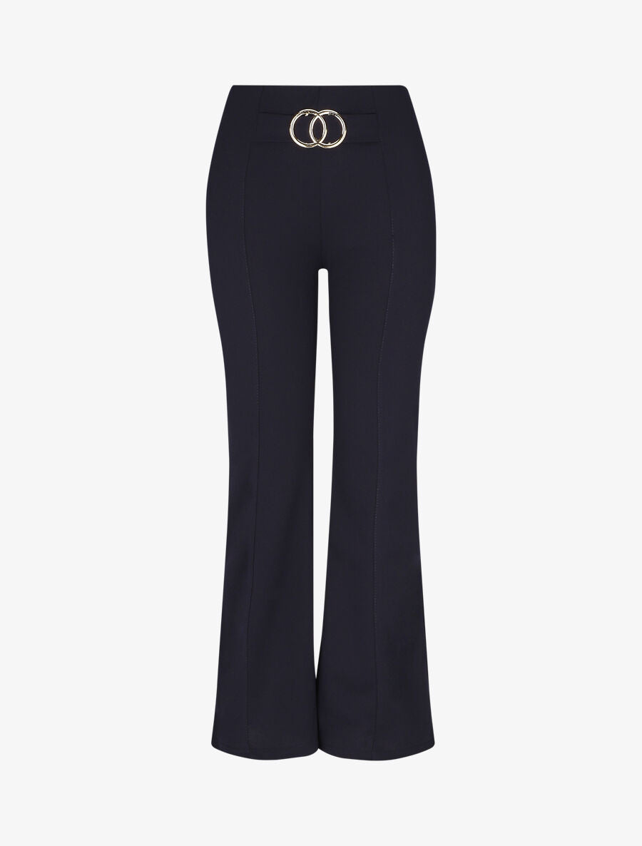 Pantalon flare taille haute à boucle - Marine - 4