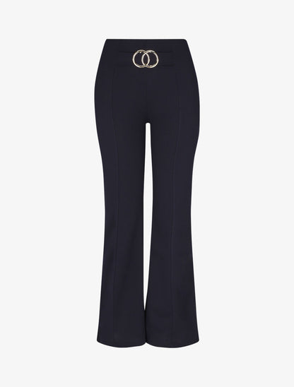 Pantalon flare taille haute à boucle - Marine - 4