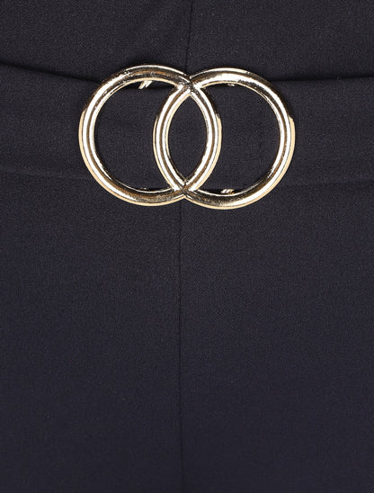 Pantalon flare taille haute à boucle - Marine - 3