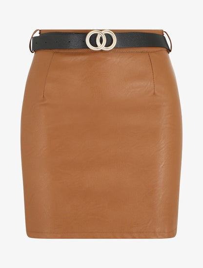 Jupe courte en simili - Camel - 1