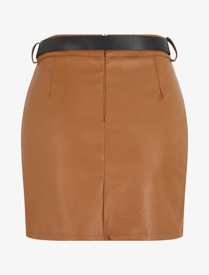 Jupe courte en simili - Camel - 2