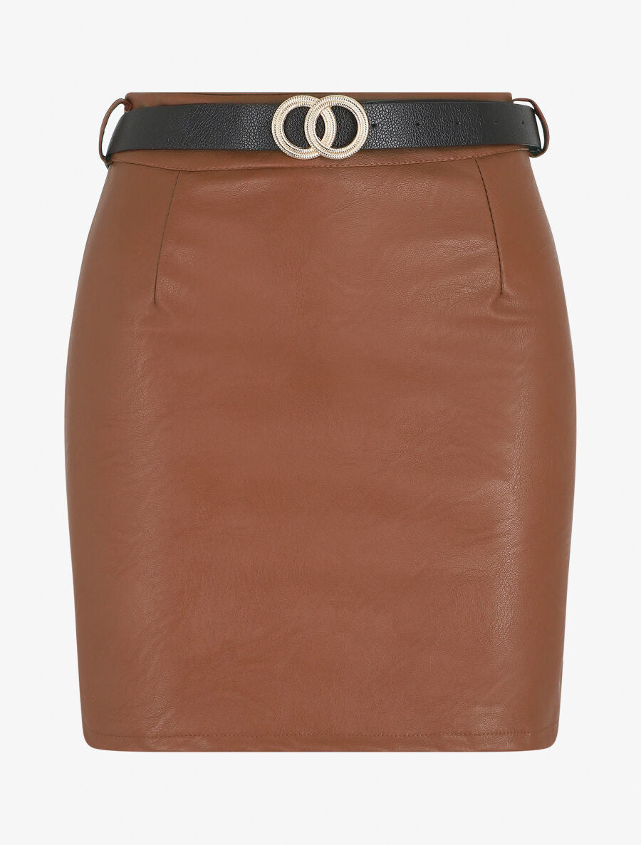 Jupe courte en simili - Marron - 1