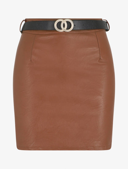 Jupe courte en simili - Marron - 1