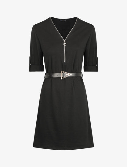 Robe uni coupe droite à col zippé - Noir - 5
