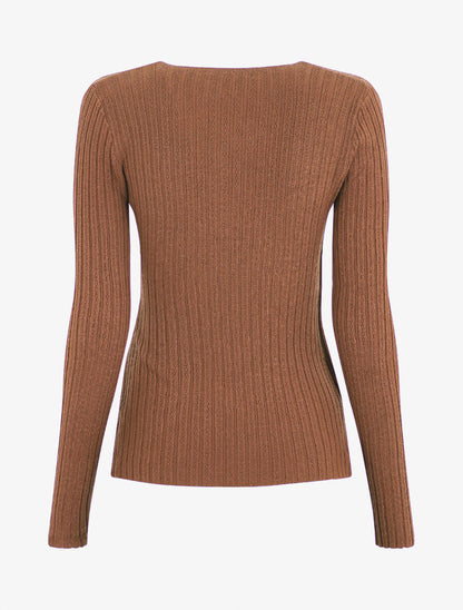 Pull uni côtelé croisé - Marron - 2