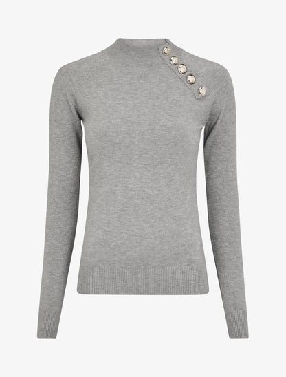 Pull uni à col montant et boutons décoratifs - Gris - 1