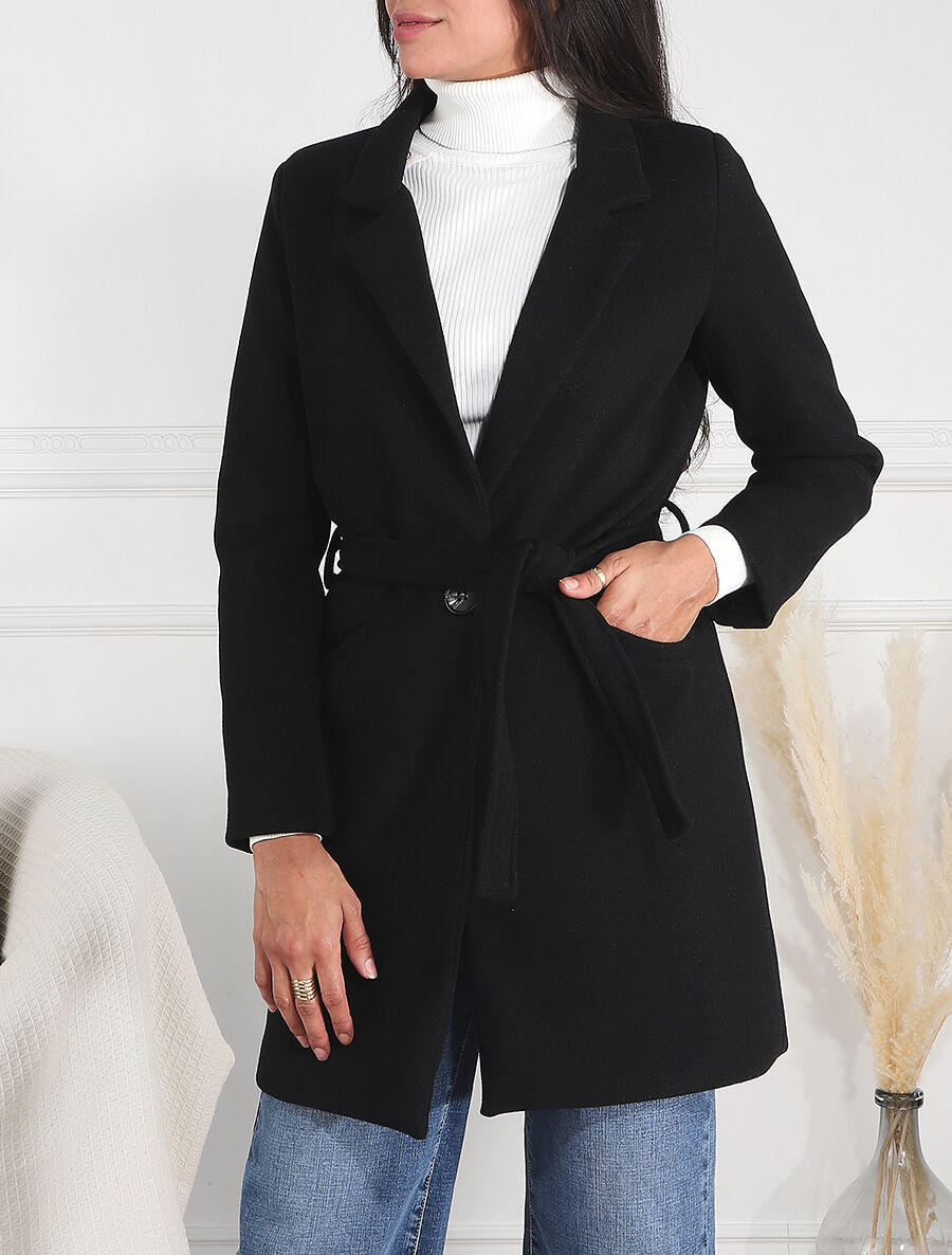 Manteau long croisé ceinturé - Noir - 4