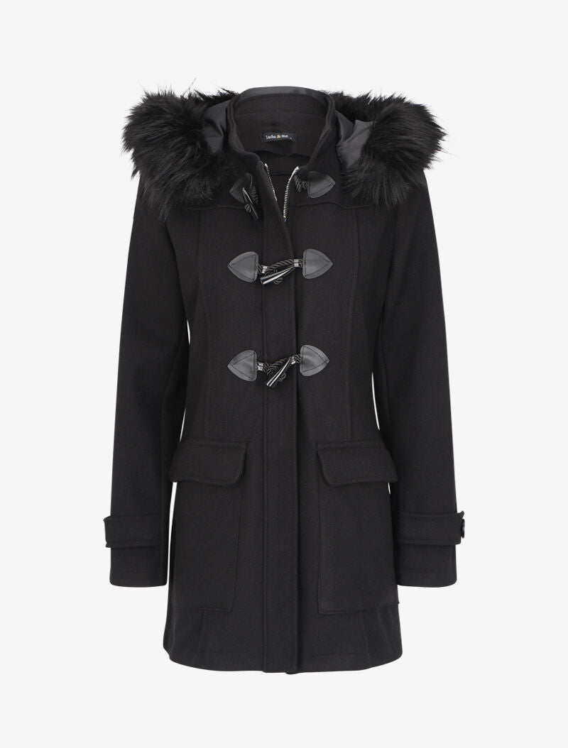 Duffle coat à capuche à fourrure - Noir - 1
