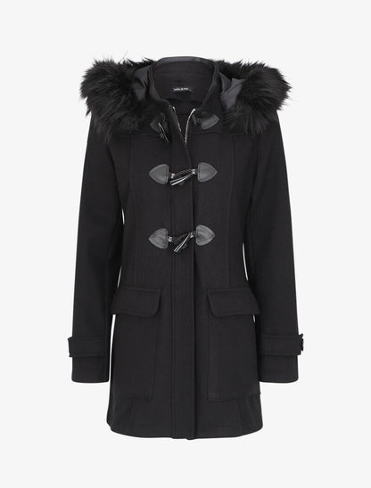 Duffle coat à capuche à fourrure - Noir - 1