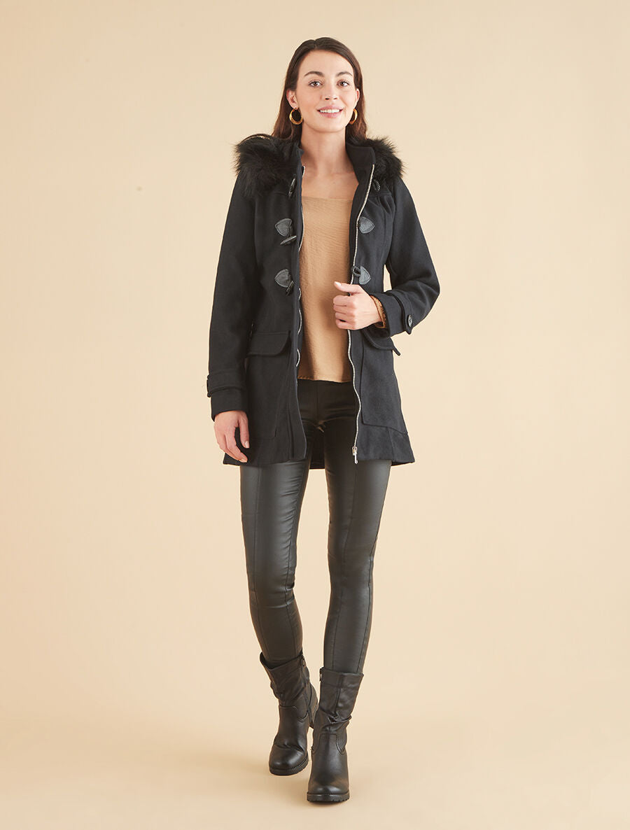 Duffle coat à capuche à fourrure - Noir - 4